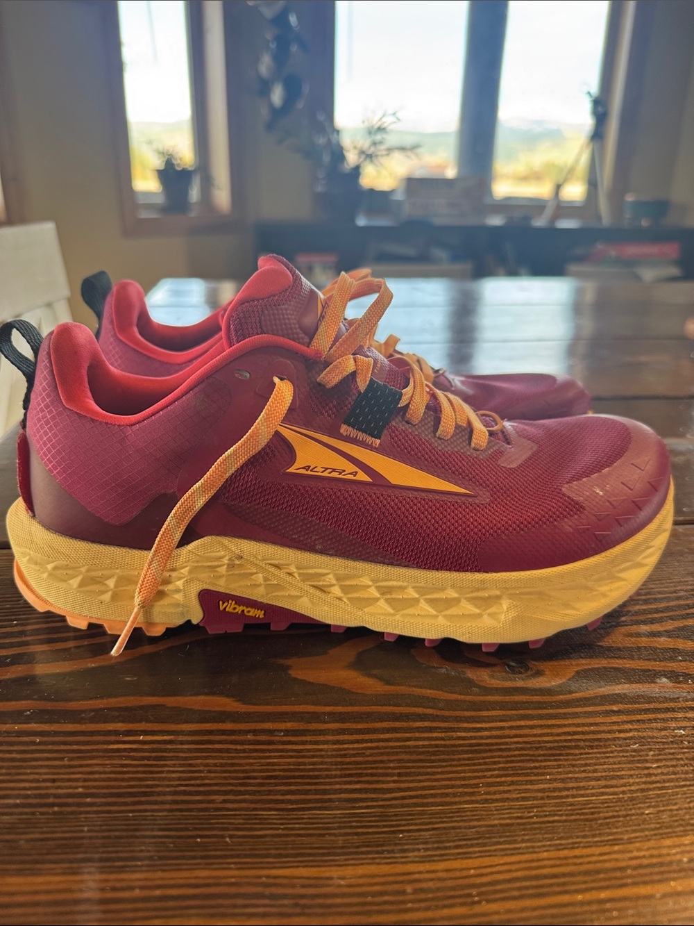 Altra Women's TIMP 5 Trail Shoe in Burgundy and Yellow